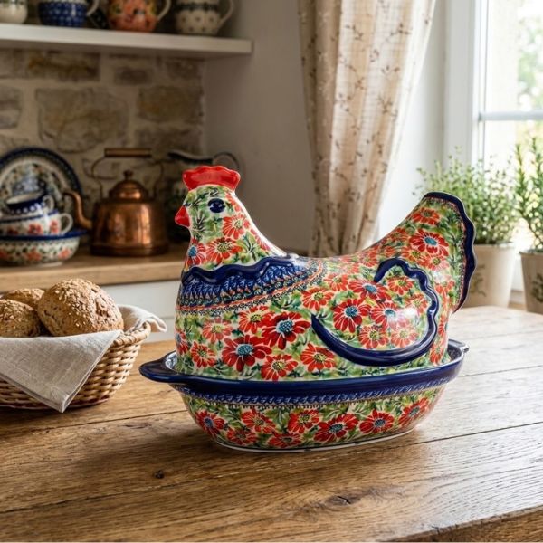 Handmade Polish pottery chicken baker with hen-shaped lid from Boleslawiec